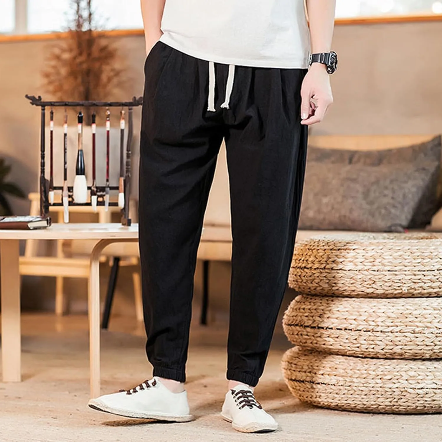 Big and Tall Linen Pants for Men Drawstring Loose Fit Joggers Elastic Waist Breathable Lounge Pants Summer Trousers