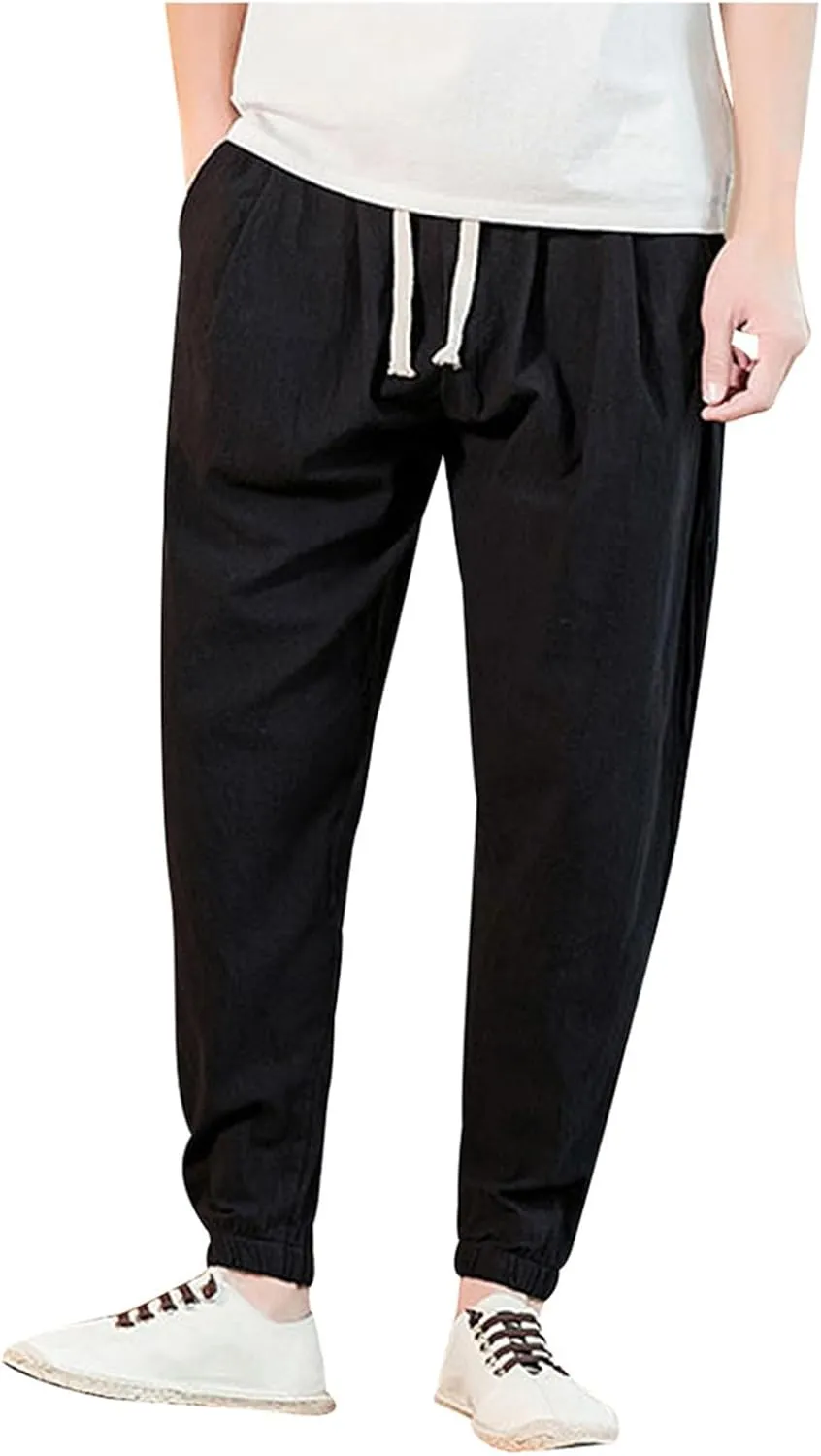Big and Tall Linen Pants for Men Drawstring Loose Fit Joggers Elastic Waist Breathable Lounge Pants Summer Trousers