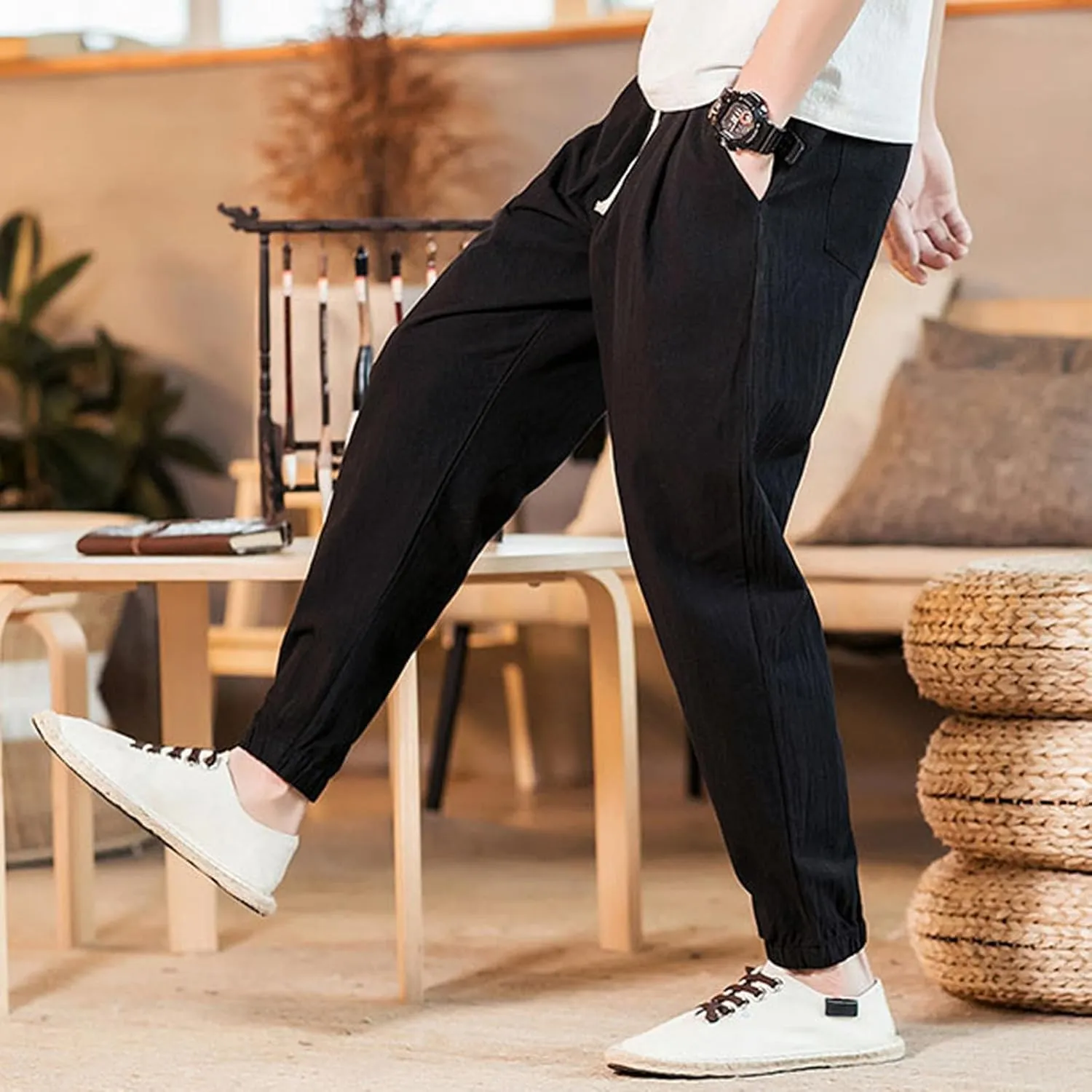 Big and Tall Linen Pants for Men Drawstring Loose Fit Joggers Elastic Waist Breathable Lounge Pants Summer Trousers