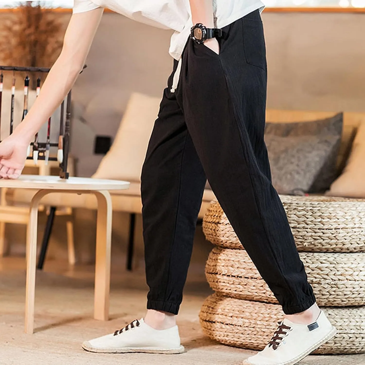 Big and Tall Linen Pants for Men Drawstring Loose Fit Joggers Elastic Waist Breathable Lounge Pants Summer Trousers