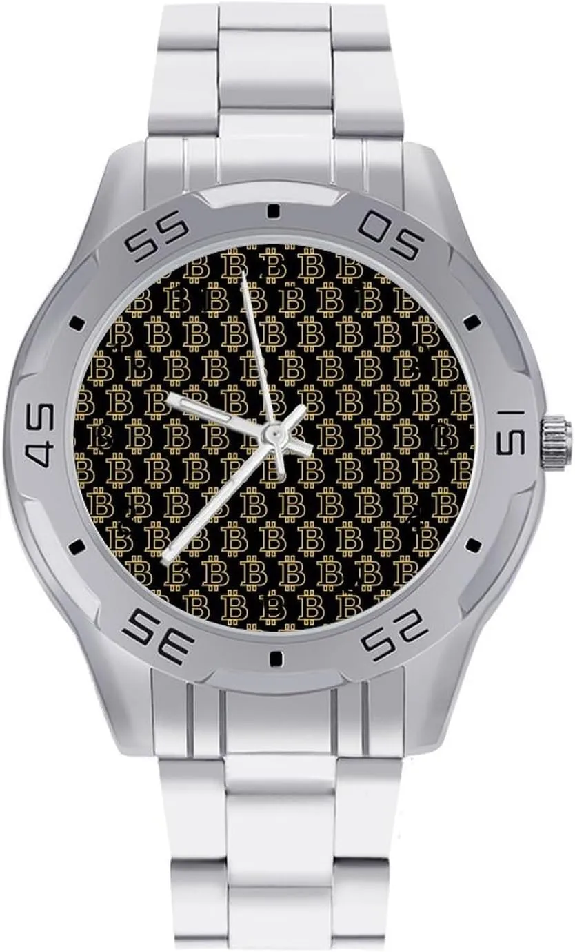 Bitcoin Sign Print Classic Wrist Watches for Men Casual Business Dress Watch with Stainless Steel Band Work Party
