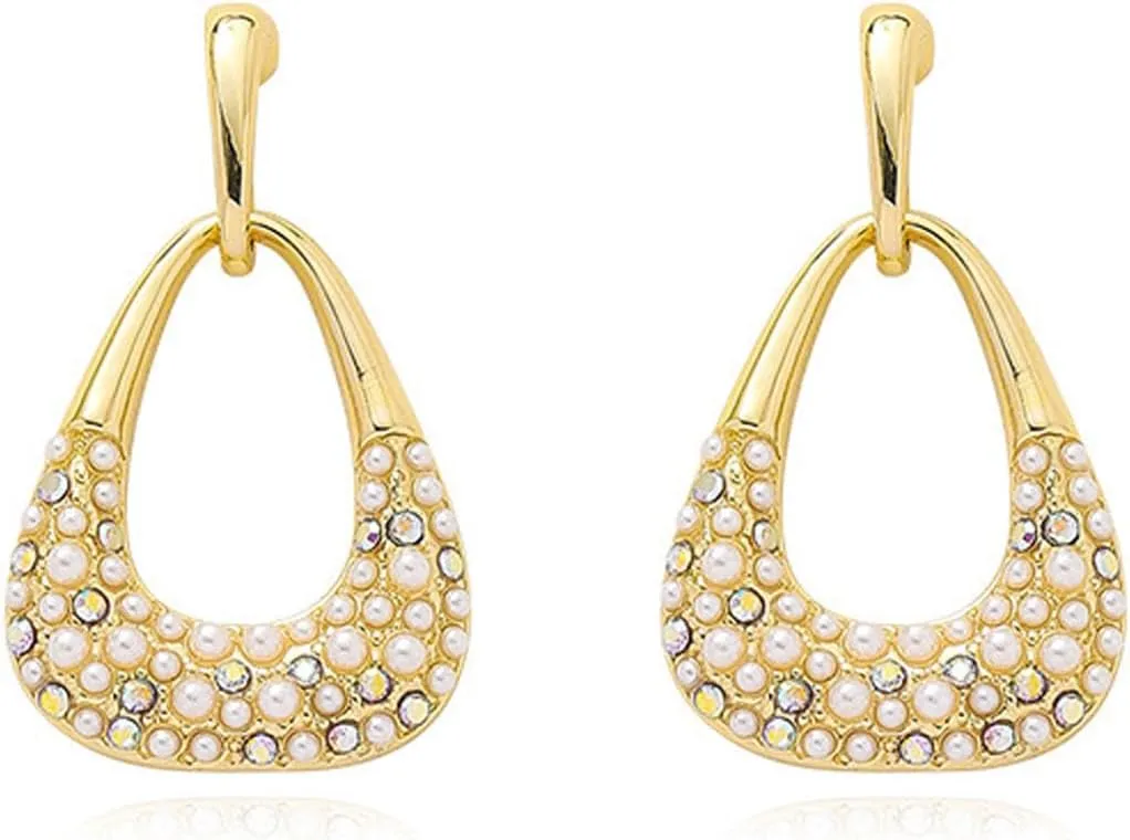 Boho Gold Beaded Pearl Pendant Drop Dangle Earrings for Women,Geometric Crystal Long Pearl Hoop Earrings,Statement Dangling Earrings