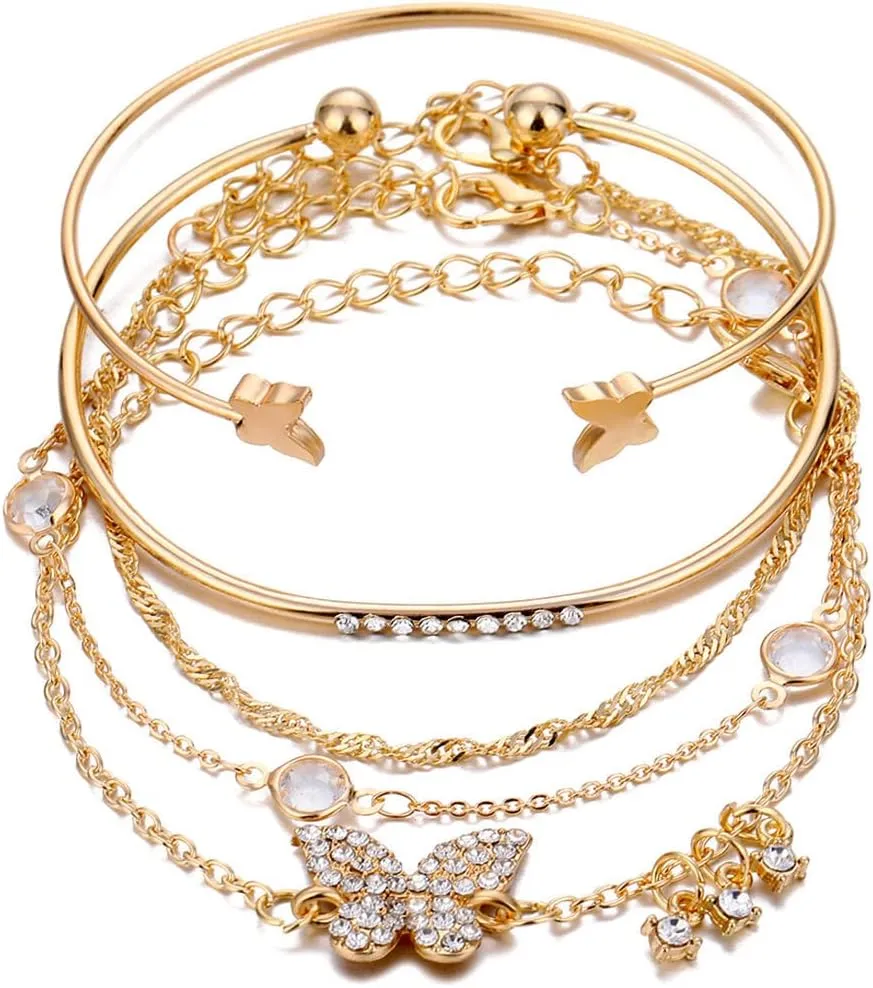 Boho Gold Plated Bracelets for Woman Stackable Bracelets,Punk Layered Charm Gold Bracelets Adjustable Bangle Chain Anklets Goth Jewelry Accessories