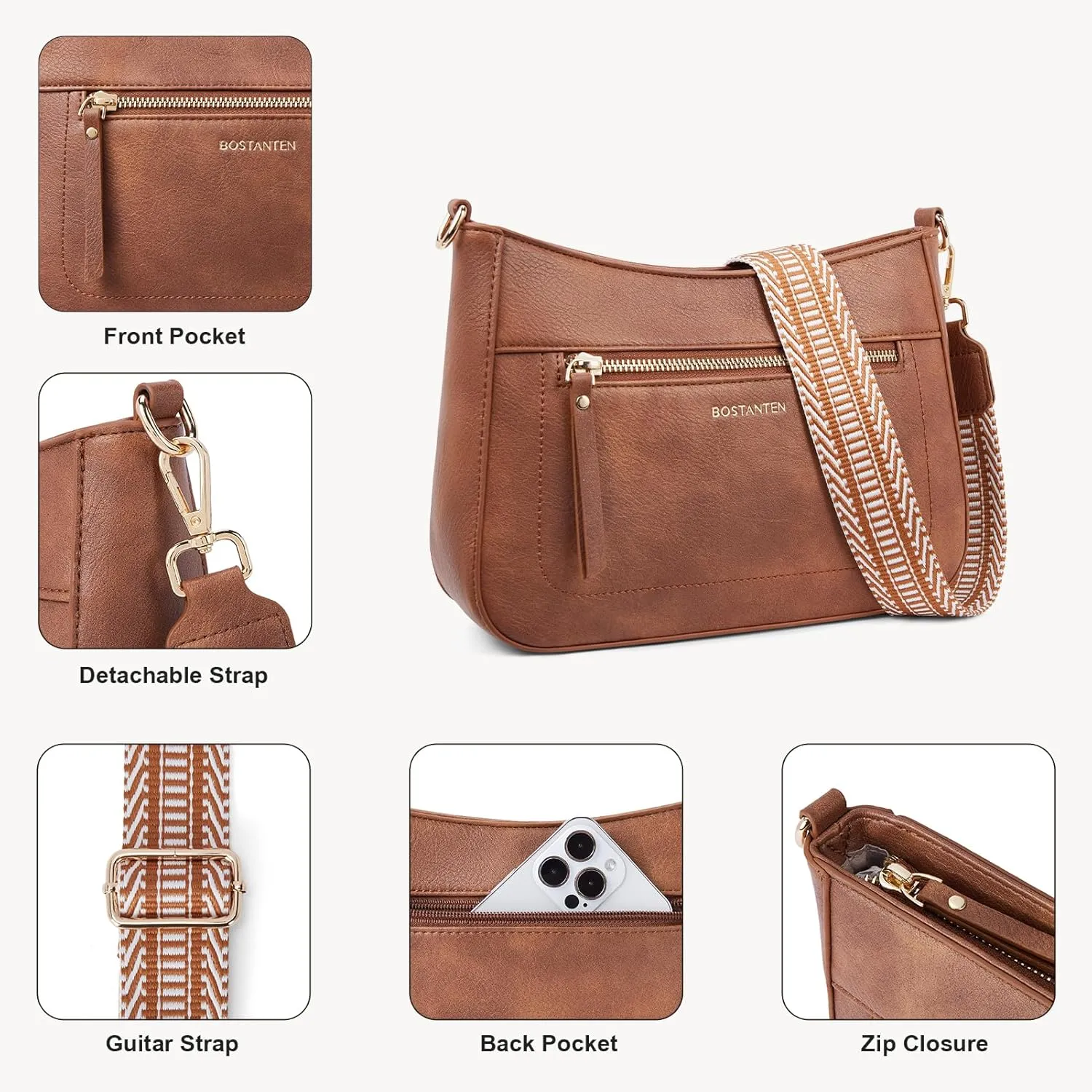 BOSTANTEN Crossbody Bags for Women Vegan Leather Hobo Purses Shoulder Handbags with Detachable Guitar Strap