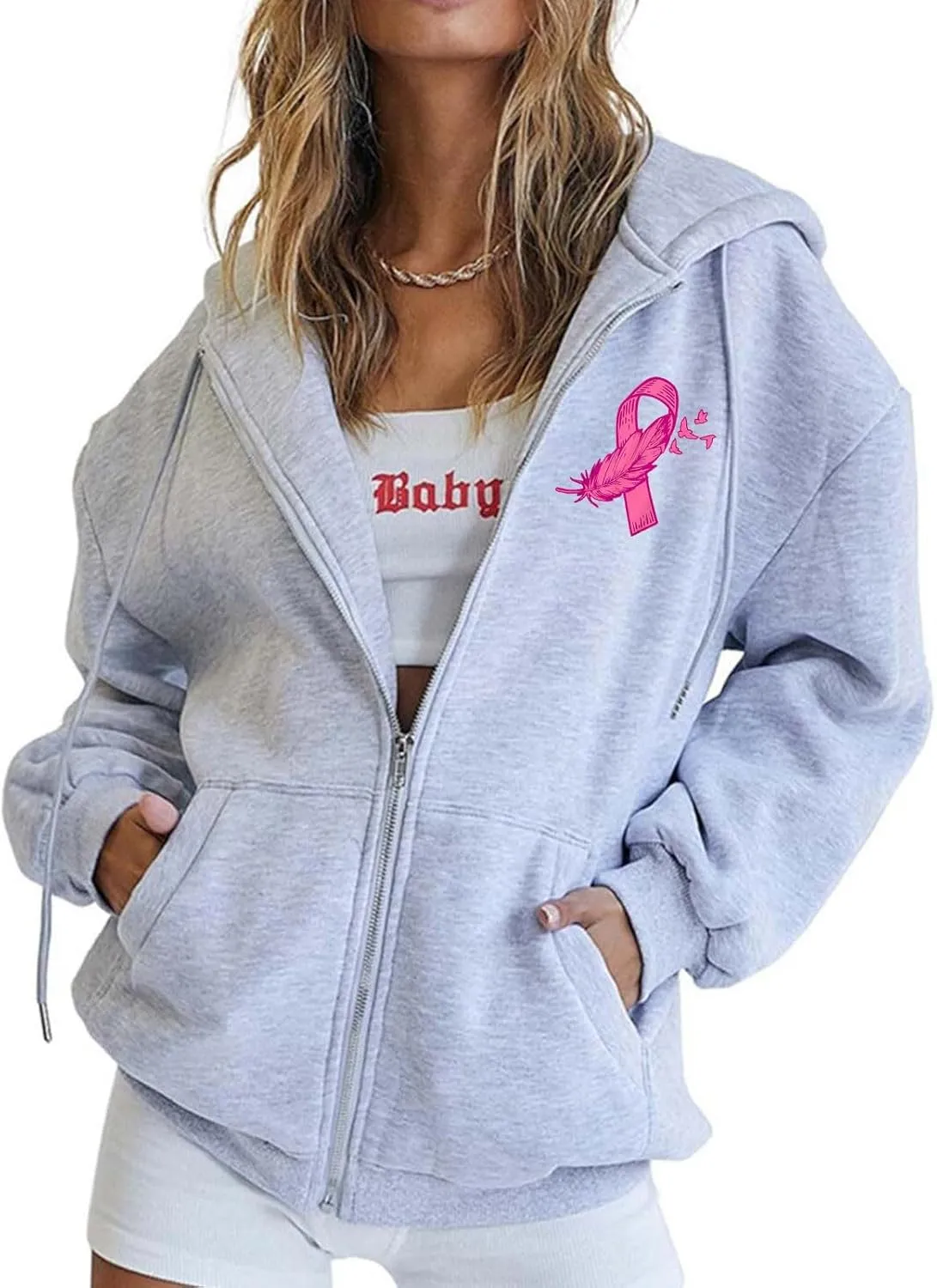 Breast Cancer Awareness Hoodies for Women Pink Ribbon Heart Graphic Sweatshirts Oversized Zip Up Hooded Tops