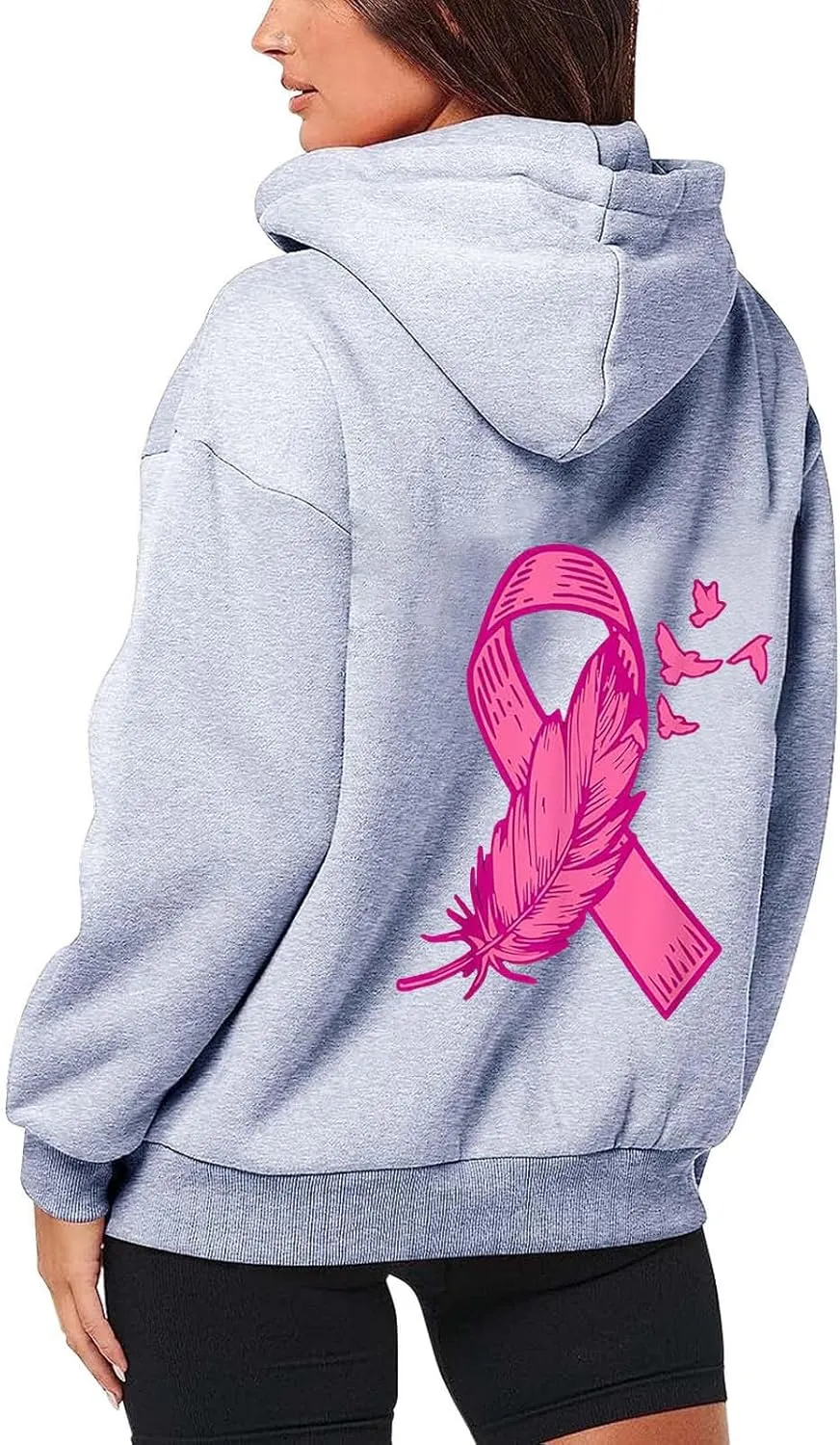Breast Cancer Awareness Hoodies for Women Pink Ribbon Heart Graphic Sweatshirts Oversized Zip Up Hooded Tops