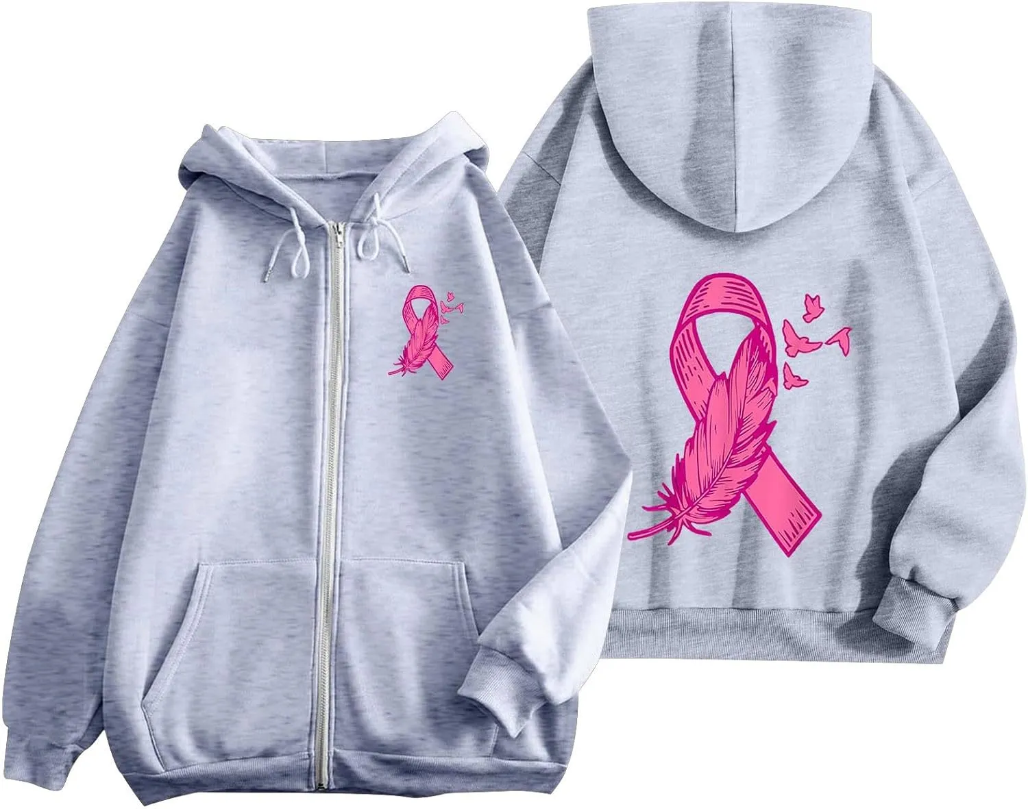 Breast Cancer Awareness Hoodies for Women Pink Ribbon Heart Graphic Sweatshirts Oversized Zip Up Hooded Tops