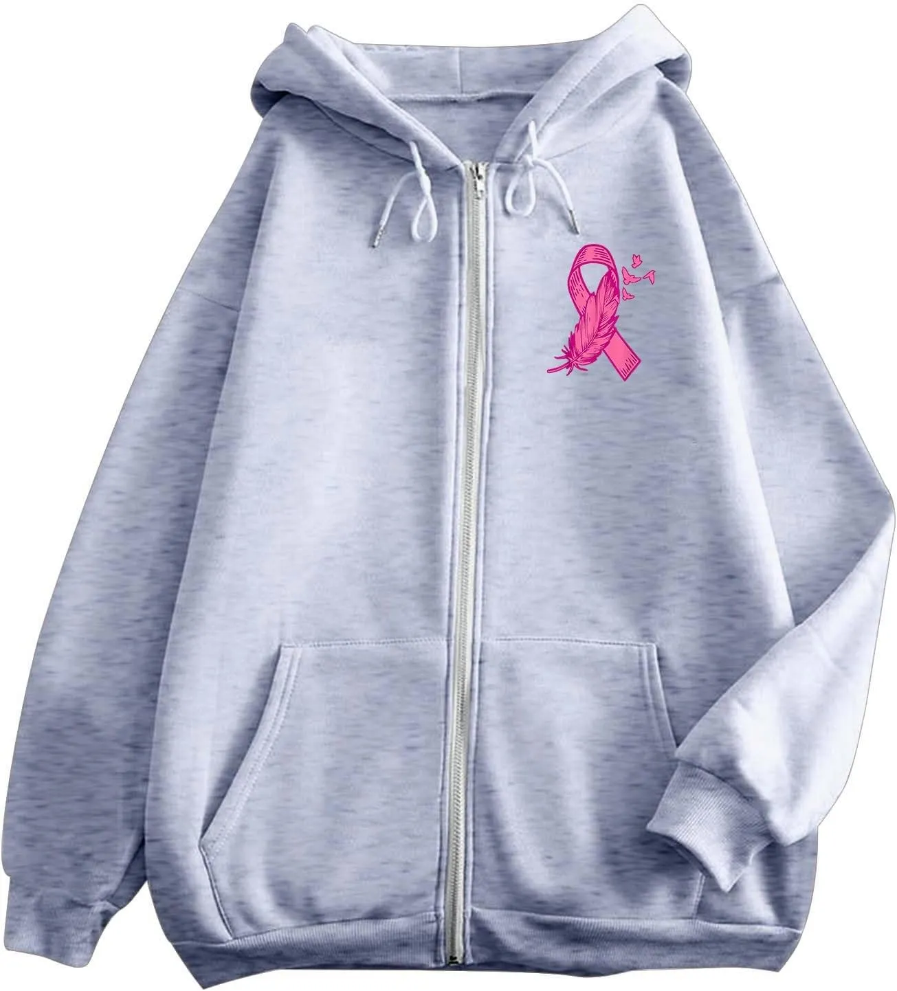 Breast Cancer Awareness Hoodies for Women Pink Ribbon Heart Graphic Sweatshirts Oversized Zip Up Hooded Tops