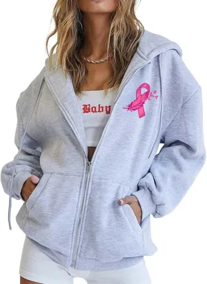 Breast Cancer Awareness Hoodies for Women Pink Ribbon Heart Graphic Sweatshirts Oversized Zip Up Hooded Tops