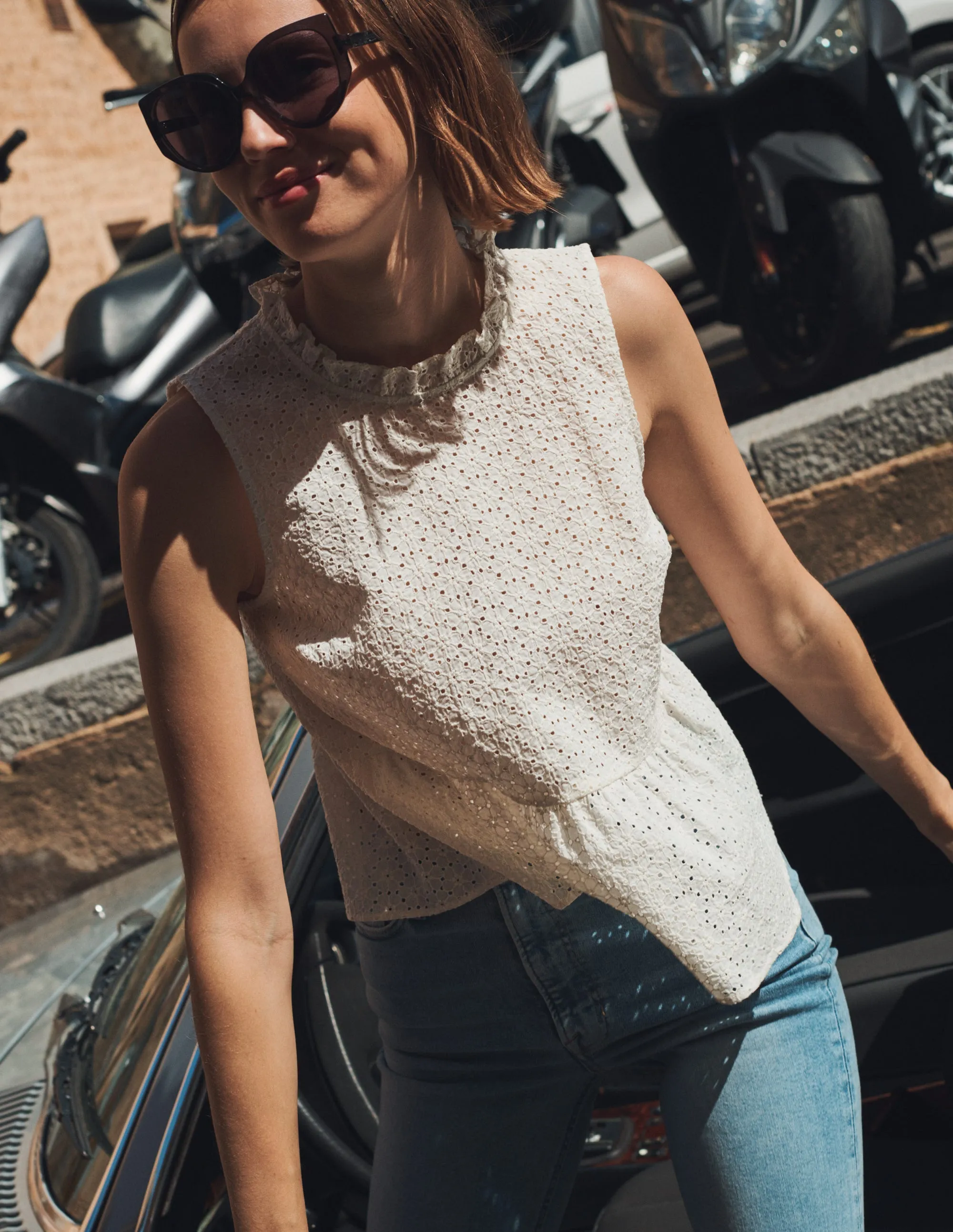 Broderie Peplum Top-Ivory
