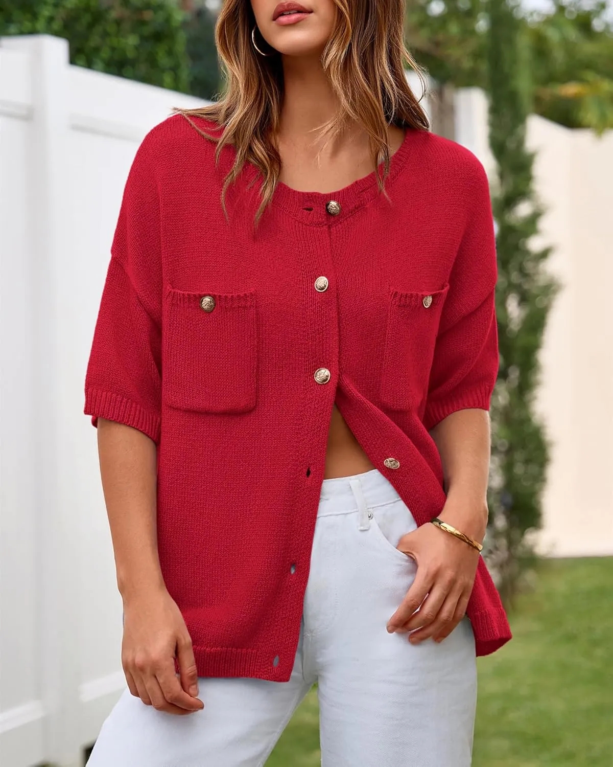 BTFBM Short Sleeve Cardigans for Women Button Up Sweaters Y2k Spring Summer 2025 Crew Neck Business Casual Work Clothes