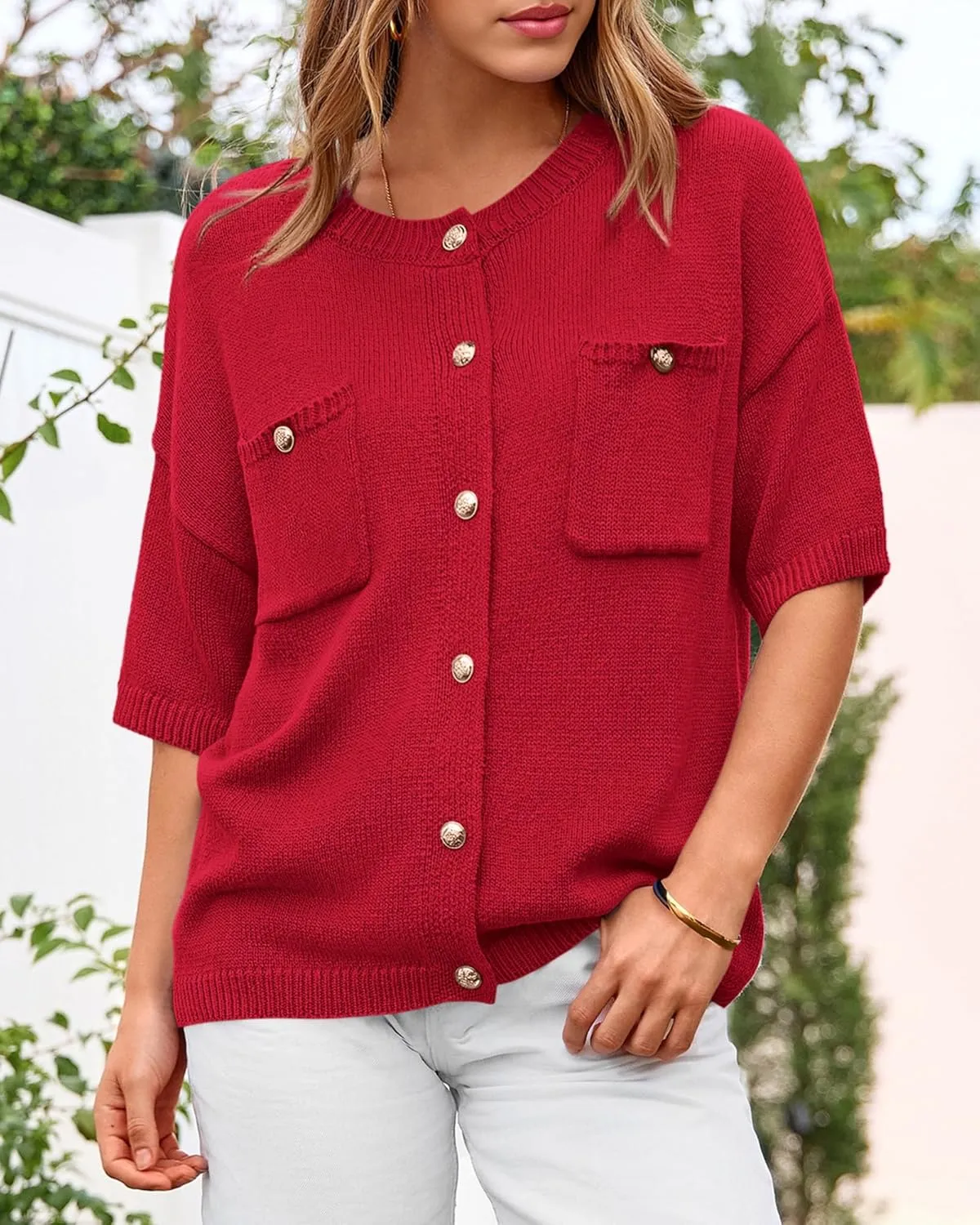 BTFBM Short Sleeve Cardigans for Women Button Up Sweaters Y2k Spring Summer 2025 Crew Neck Business Casual Work Clothes