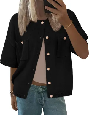 BTFBM Short Sleeve Cardigans for Women Button Up Sweaters Y2k Spring Summer 2025 Crew Neck Business Casual Work Clothes