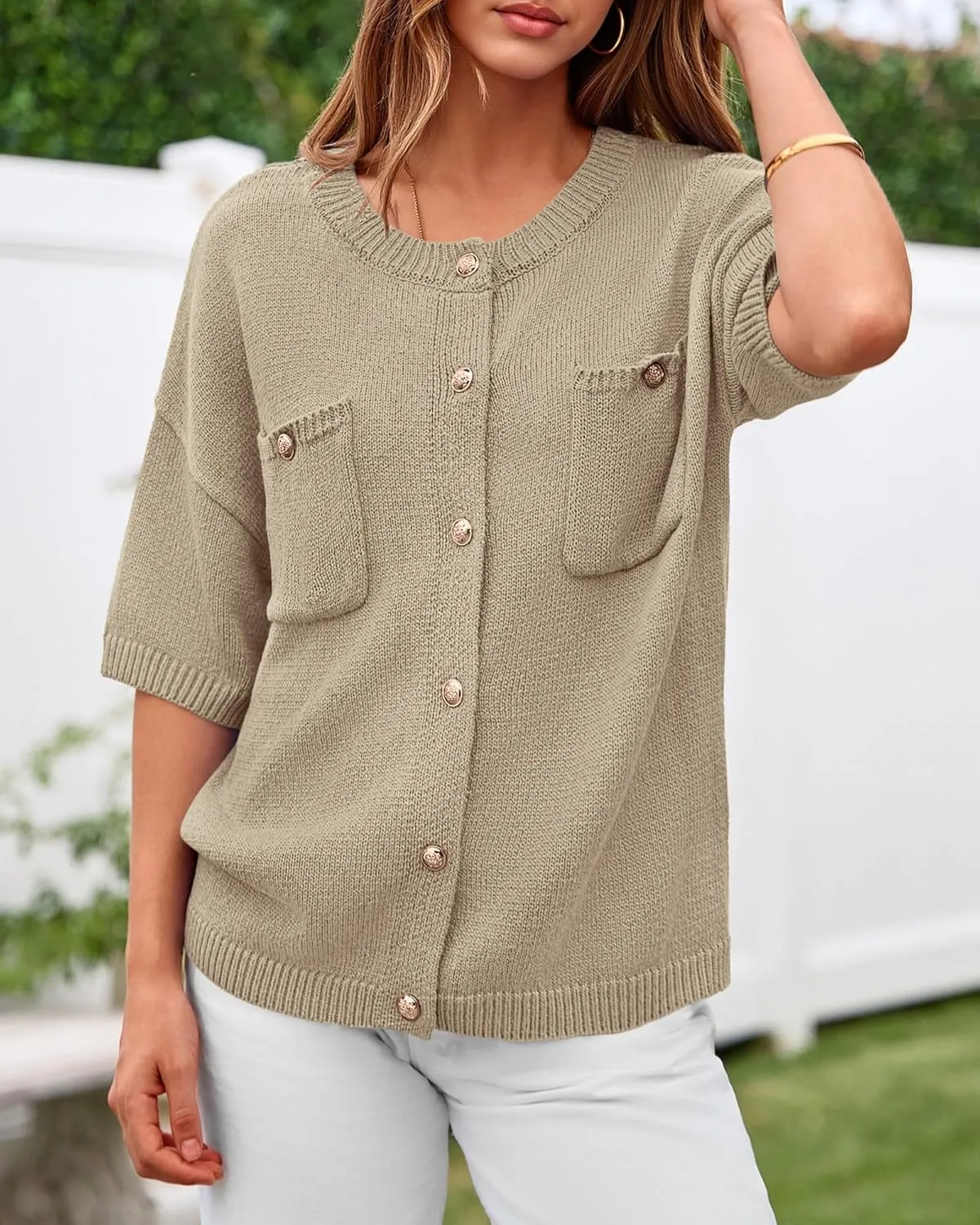 BTFBM Short Sleeve Cardigans for Women Button Up Sweaters Y2k Spring Summer 2025 Crew Neck Business Casual Work Clothes