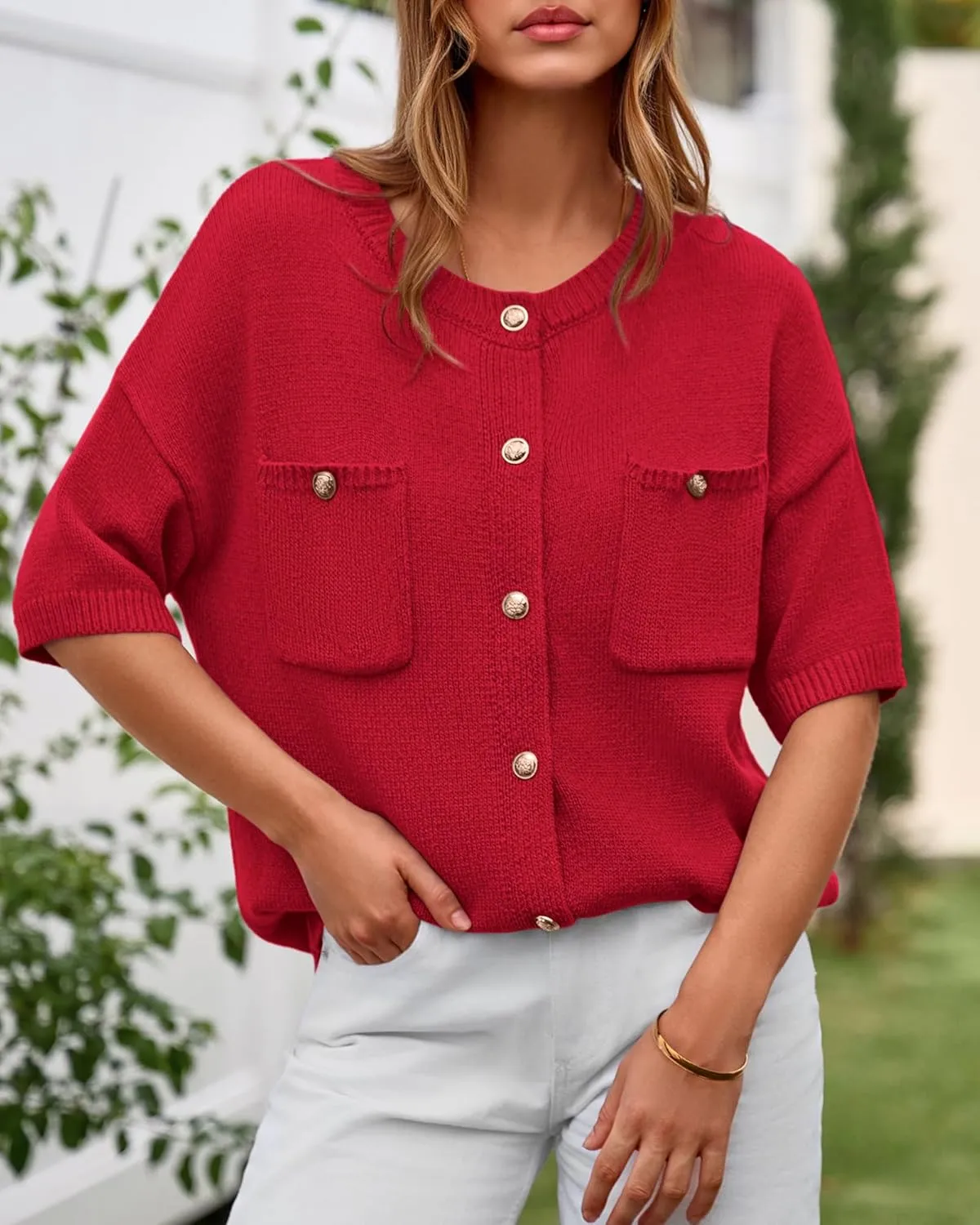 BTFBM Short Sleeve Cardigans for Women Button Up Sweaters Y2k Spring Summer 2025 Crew Neck Business Casual Work Clothes