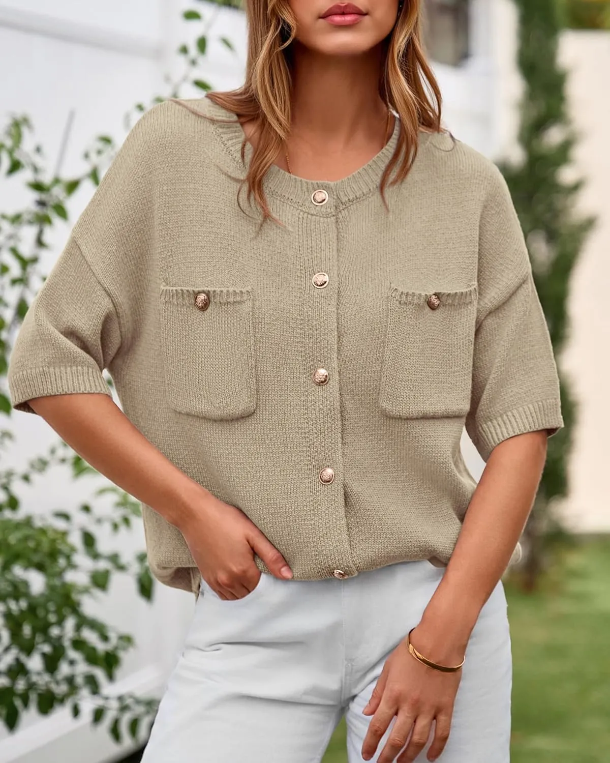 BTFBM Short Sleeve Cardigans for Women Button Up Sweaters Y2k Spring Summer 2025 Crew Neck Business Casual Work Clothes