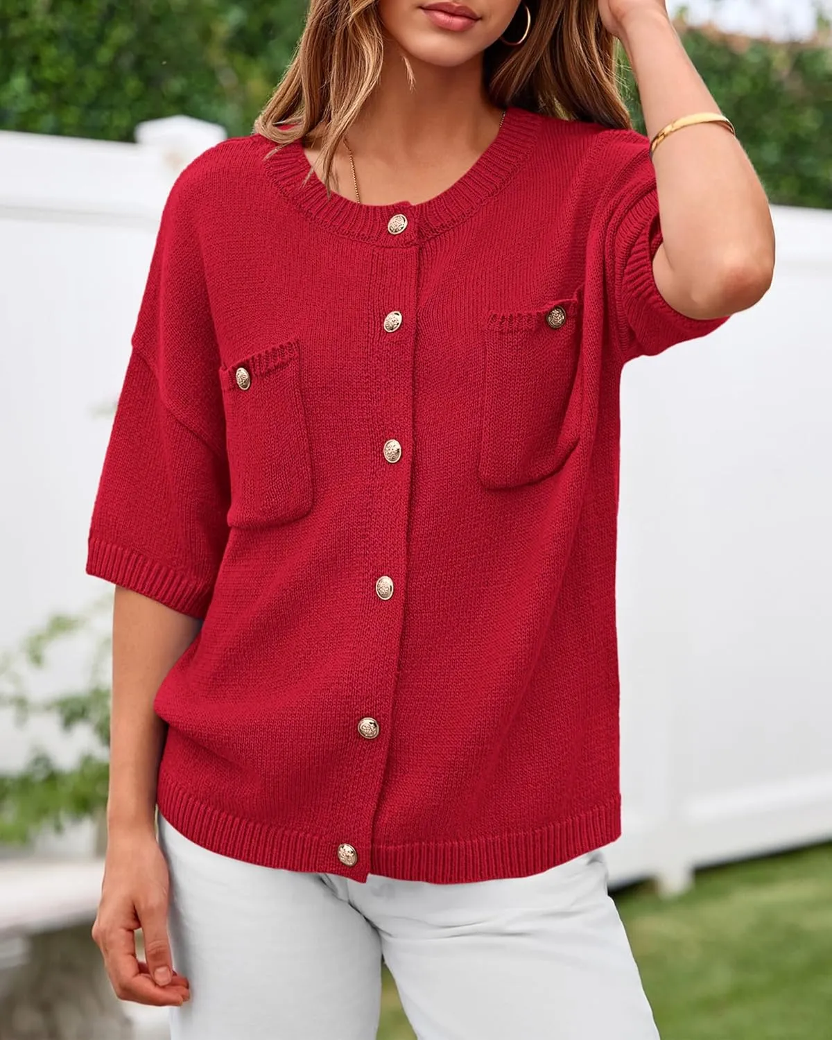 BTFBM Short Sleeve Cardigans for Women Button Up Sweaters Y2k Spring Summer 2025 Crew Neck Business Casual Work Clothes