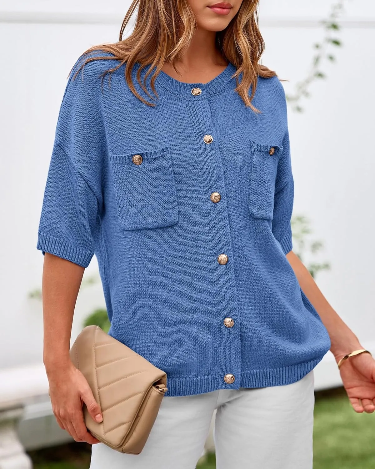 BTFBM Short Sleeve Cardigans for Women Button Up Sweaters Y2k Spring Summer 2025 Crew Neck Business Casual Work Clothes