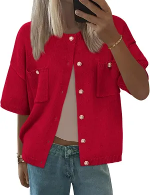 BTFBM Short Sleeve Cardigans for Women Button Up Sweaters Y2k Spring Summer 2025 Crew Neck Business Casual Work Clothes