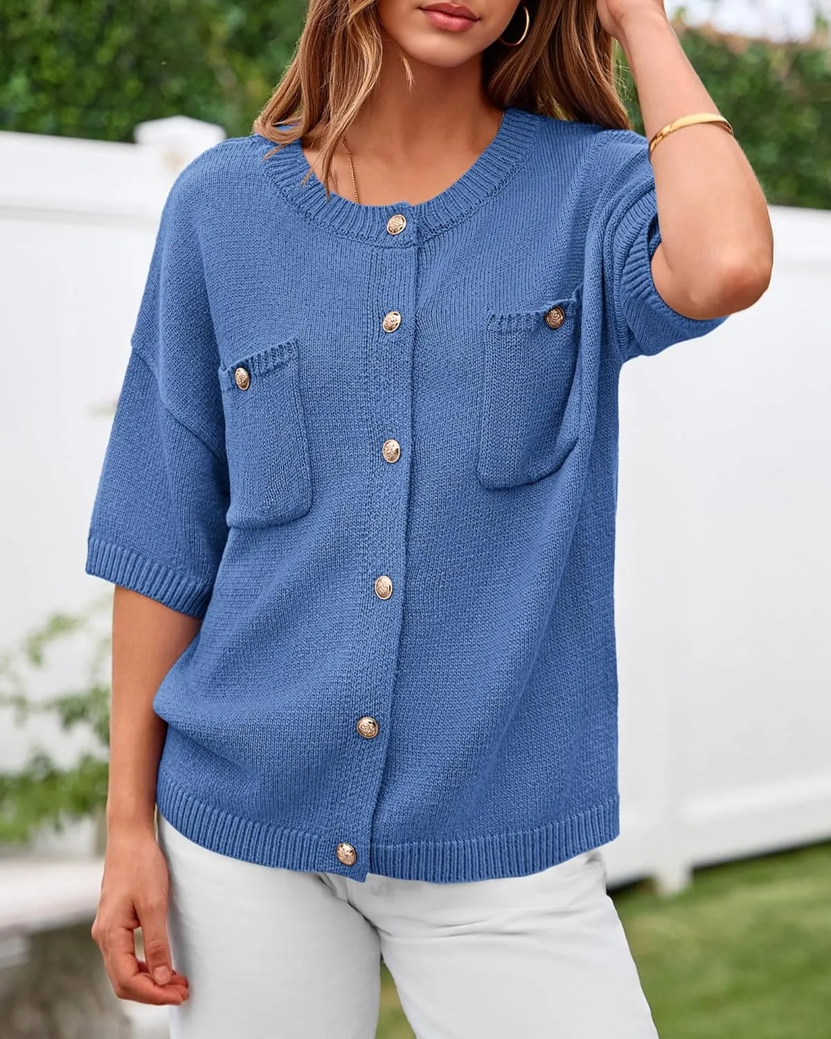 BTFBM Short Sleeve Cardigans for Women Button Up Sweaters Y2k Spring Summer 2025 Crew Neck Business Casual Work Clothes