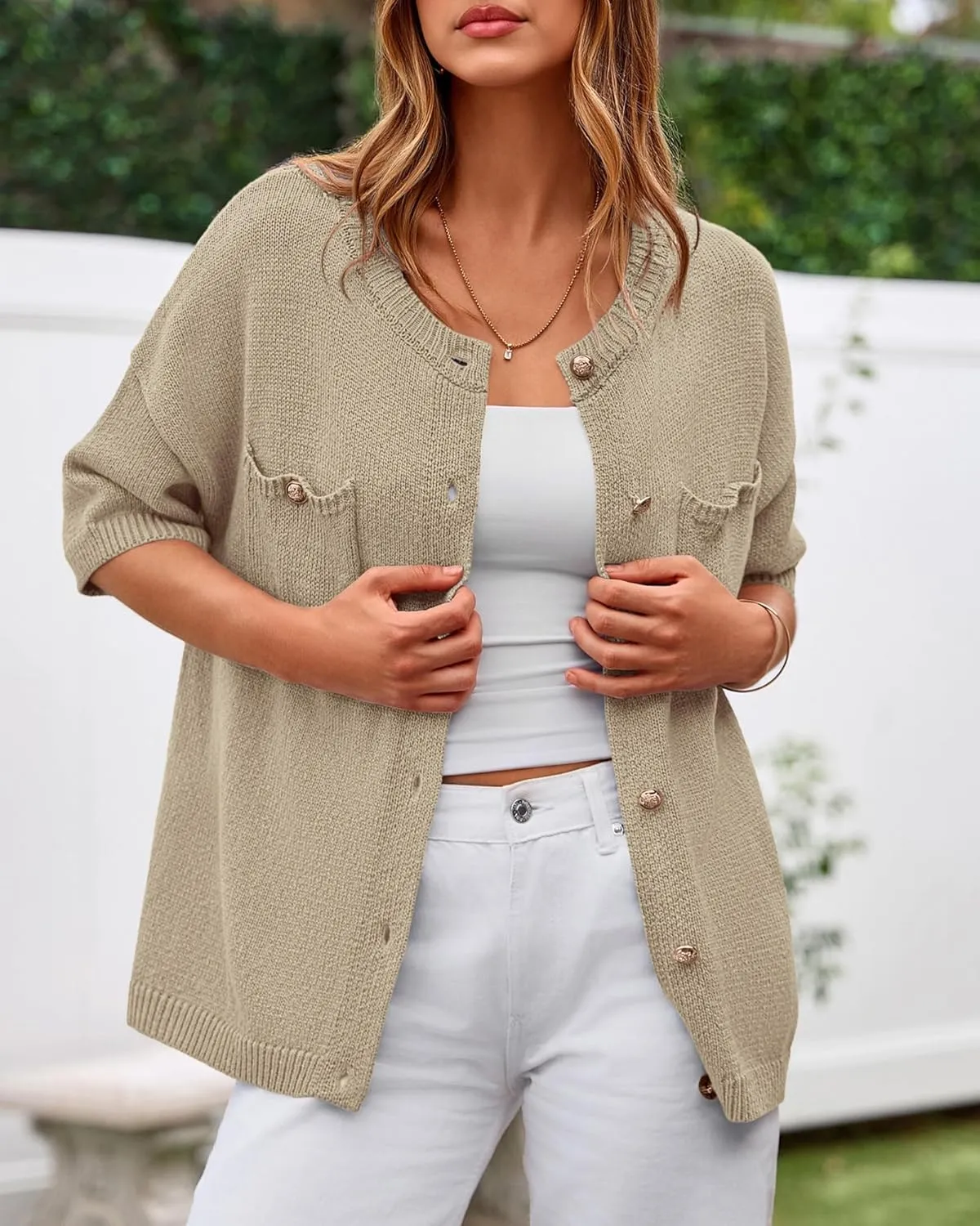BTFBM Short Sleeve Cardigans for Women Button Up Sweaters Y2k Spring Summer 2025 Crew Neck Business Casual Work Clothes