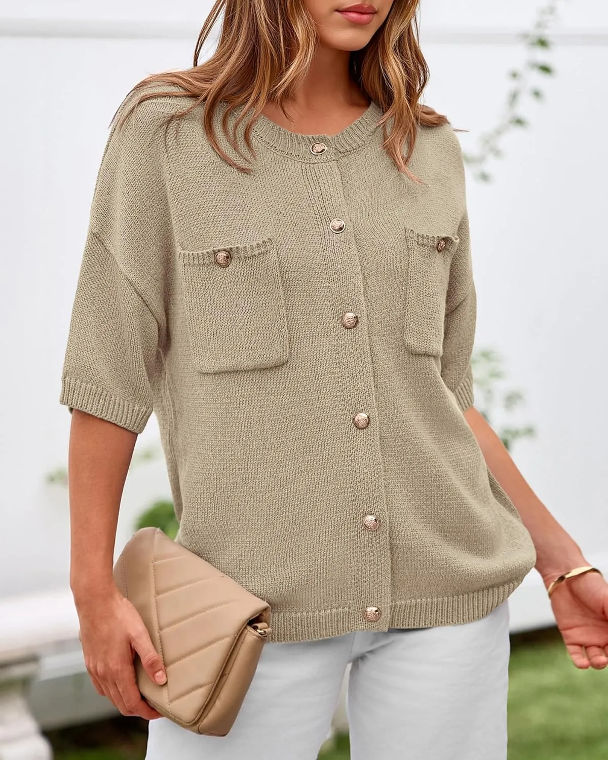 BTFBM Short Sleeve Cardigans for Women Button Up Sweaters Y2k Spring Summer 2025 Crew Neck Business Casual Work Clothes