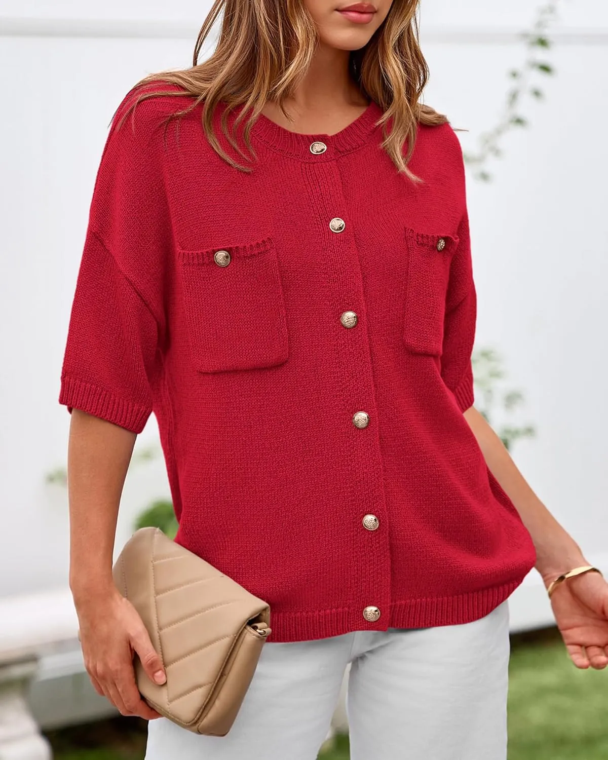 BTFBM Short Sleeve Cardigans for Women Button Up Sweaters Y2k Spring Summer 2025 Crew Neck Business Casual Work Clothes