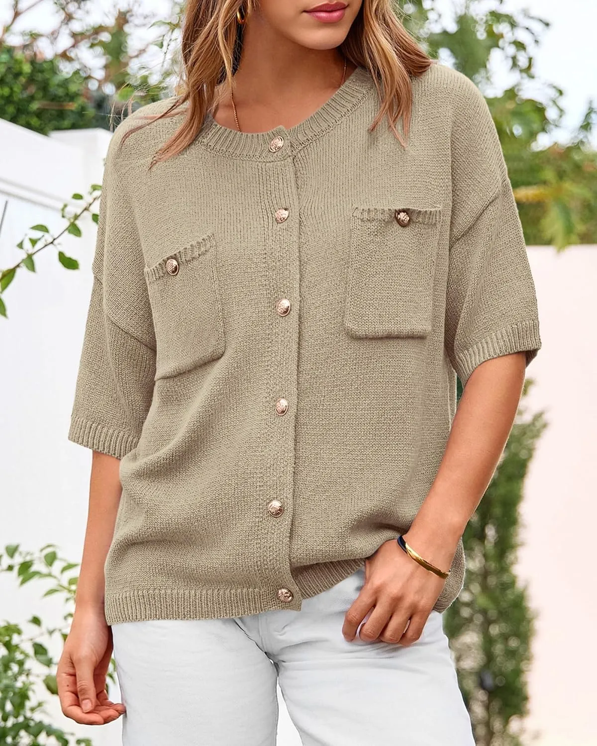 BTFBM Short Sleeve Cardigans for Women Button Up Sweaters Y2k Spring Summer 2025 Crew Neck Business Casual Work Clothes