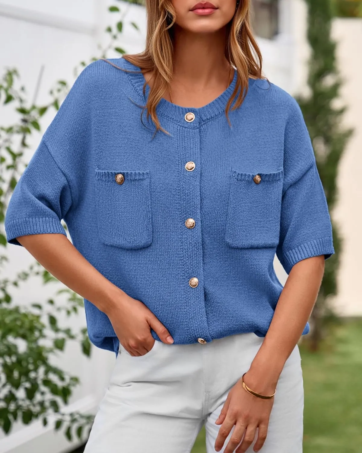 BTFBM Short Sleeve Cardigans for Women Button Up Sweaters Y2k Spring Summer 2025 Crew Neck Business Casual Work Clothes