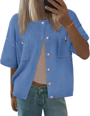 BTFBM Short Sleeve Cardigans for Women Button Up Sweaters Y2k Spring Summer 2025 Crew Neck Business Casual Work Clothes