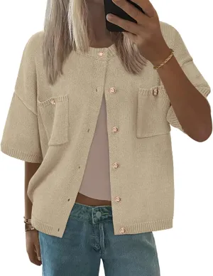 BTFBM Short Sleeve Cardigans for Women Button Up Sweaters Y2k Spring Summer 2025 Crew Neck Business Casual Work Clothes