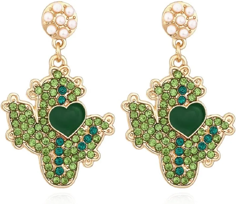 Cactus Earrings for Women, Cute Cactus Statement Earrings for Womens, Green Cactus Plant Dangle Earrings Hypoallergenic, Tropical Tree Flower Drop Earrings, Zinc, No Gemstone
