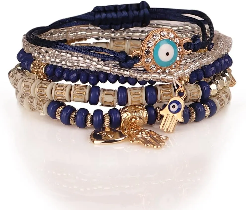 Caiyao Bohemian Stackable Bead Bracelets Multilayered Stretch Bracelet Set Multicolor Jewelry Sets Boho Pendant Charm Bangles Bracelet Handmade Tassel Strand Bracelet for Women