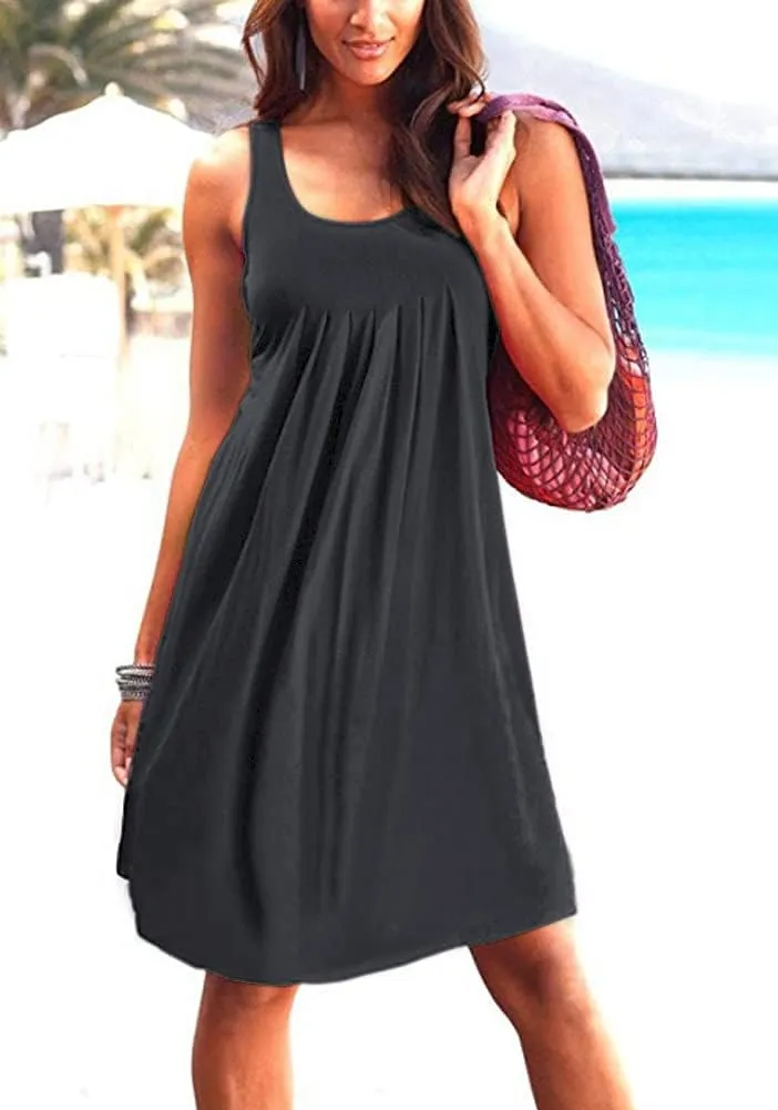 Camisunny Women Casual Loose Tank Dresses Sleeveless Beach Vacation Dress Swing Pleated U Neck Fashion Soft
