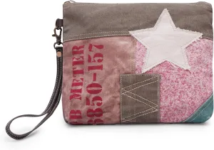 Canvas Wristlet Bag for Women Vintage Star Patch | Upcycled Small Clutch Purse with Zipper, Eco-Friendly Casual Handbag with Strap