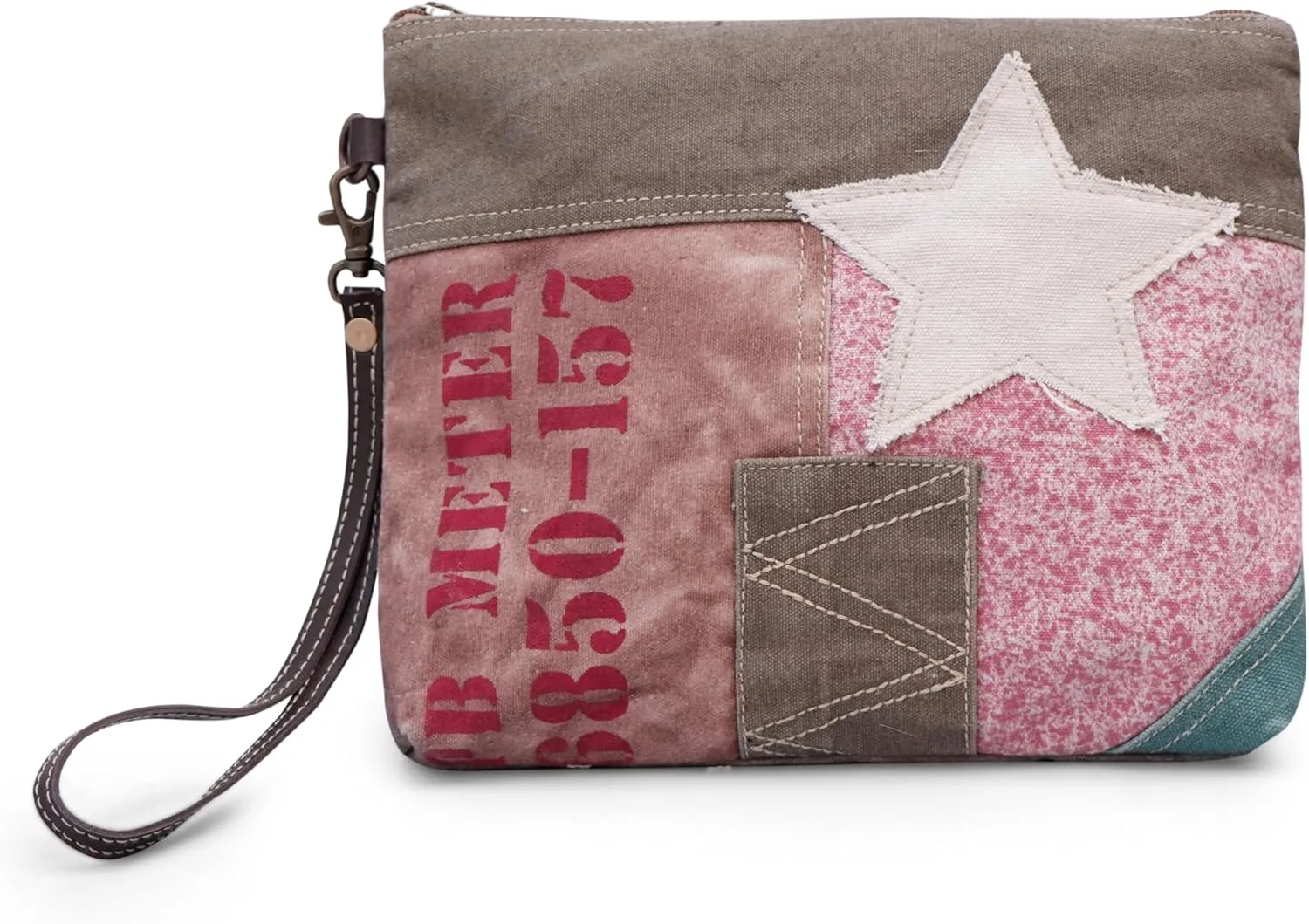 Canvas Wristlet Bag for Women Vintage Star Patch | Upcycled Small Clutch Purse with Zipper, Eco-Friendly Casual Handbag with Strap