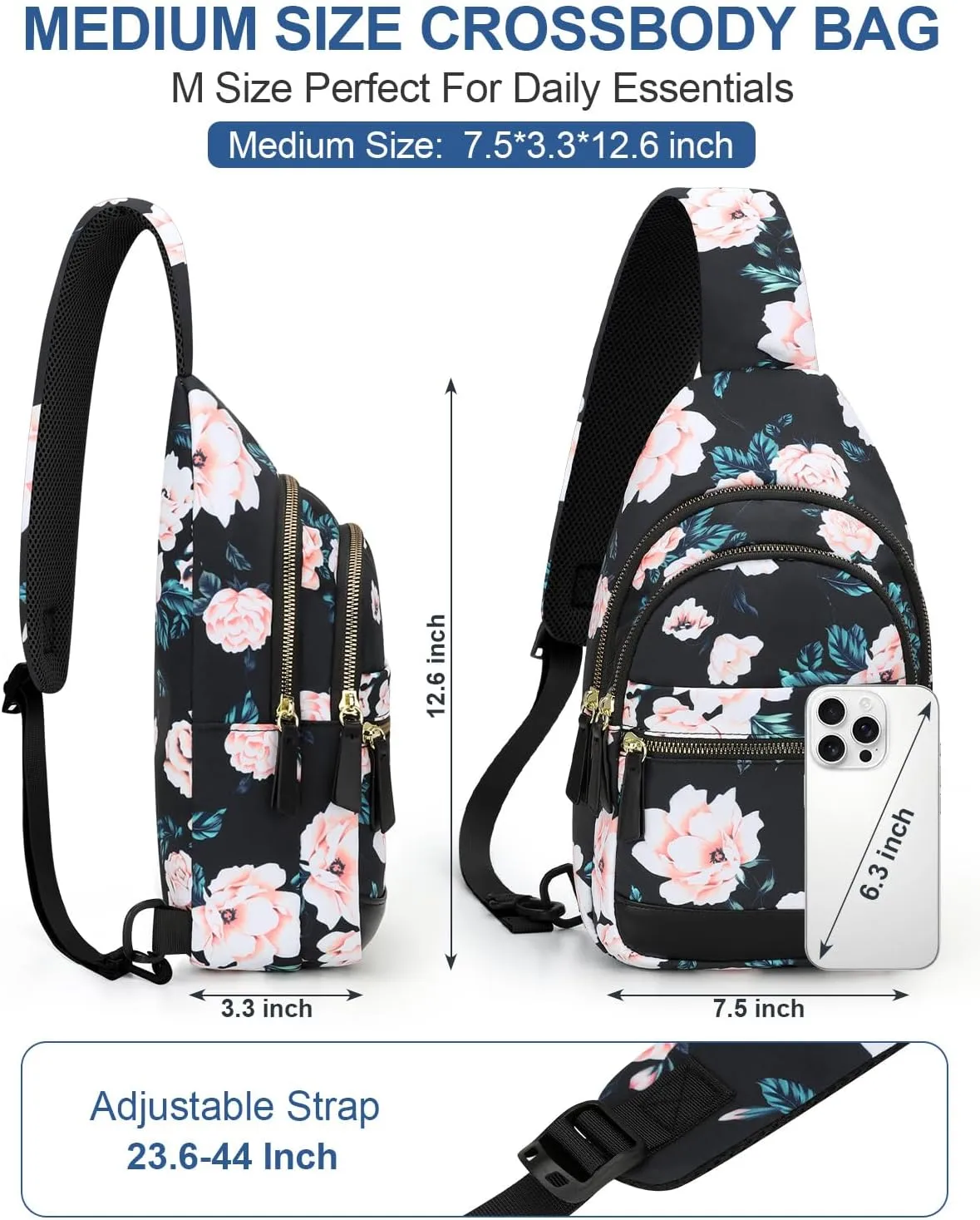 Capolo Sling Bag for Women Men Waterproof Crossbody Bags for Women Trendy Casual Fanny Pack with Convertible Shoulder Strap Chest Bag for Travel Hiking(Black Flower, Medium)