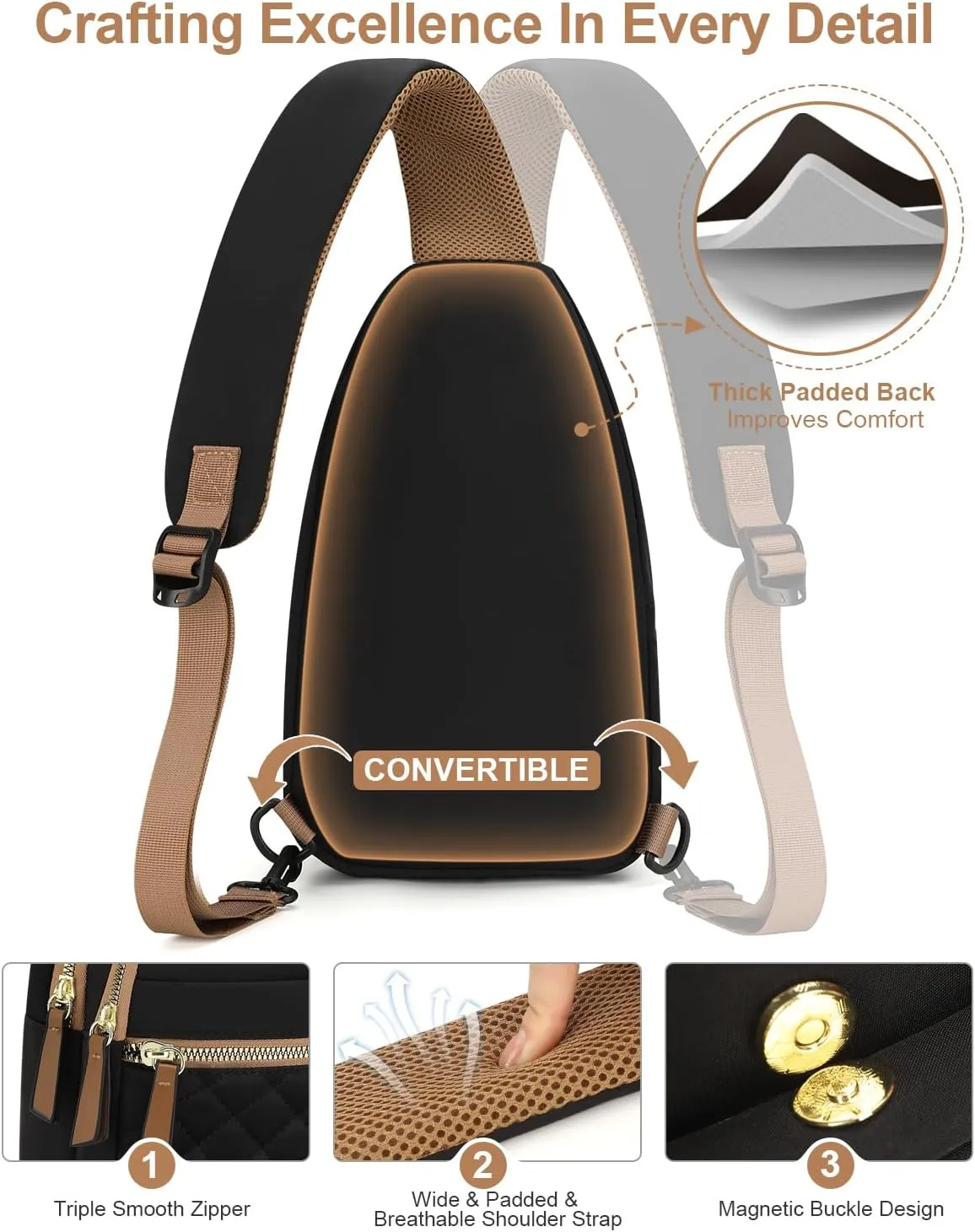 Capolo Sling Bag for Women Men Waterproof Crossbody Bags for Women Trendy Casual Fanny Pack with Convertible Shoulder Strap Chest Bag for Travel Hiking(Black, Medium)