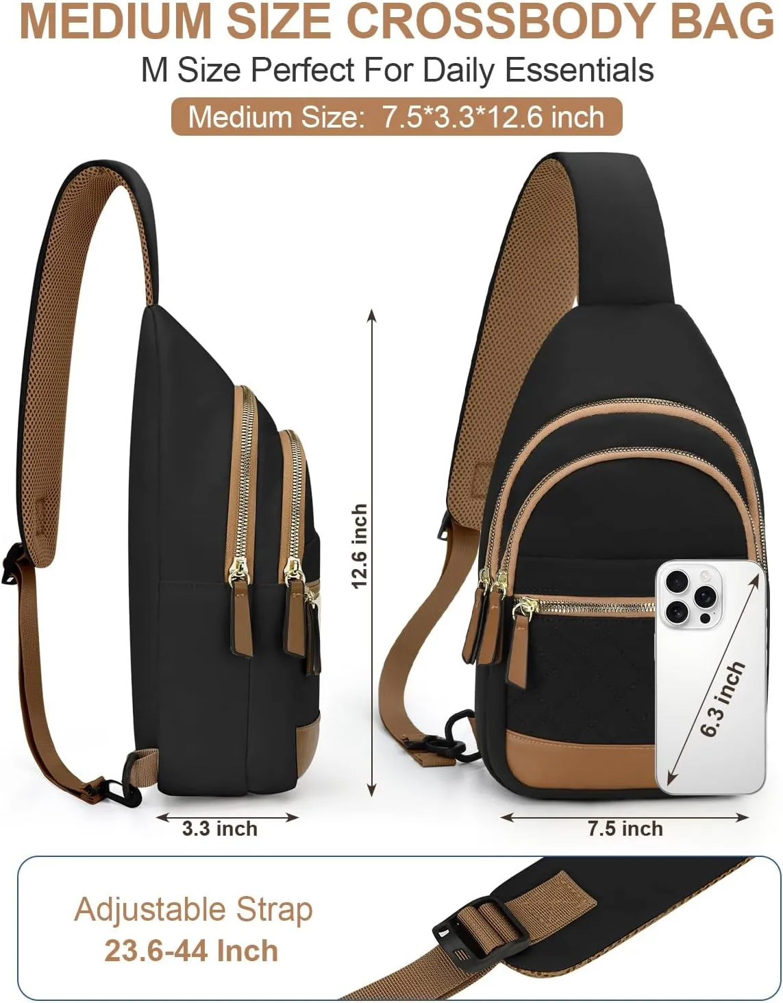 Capolo Sling Bag for Women Men Waterproof Crossbody Bags for Women Trendy Casual Fanny Pack with Convertible Shoulder Strap Chest Bag for Travel Hiking(Black, Medium)