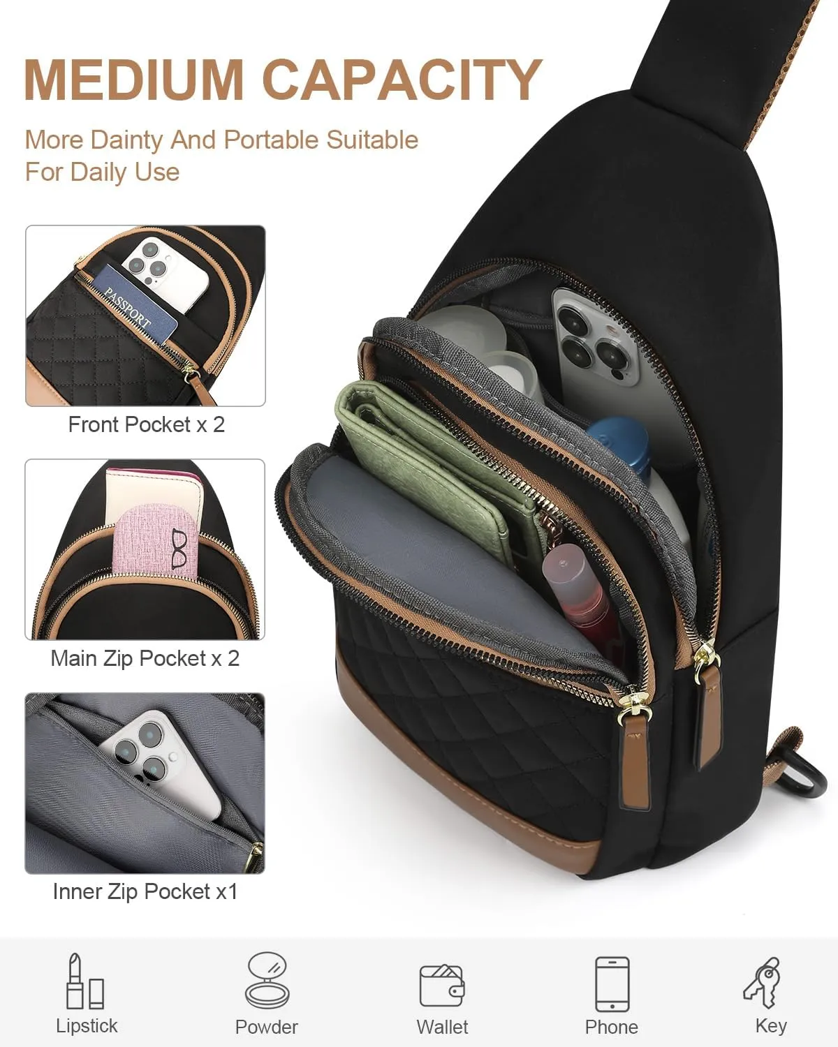 Capolo Sling Bag for Women Men Waterproof Crossbody Bags for Women Trendy Casual Fanny Pack with Convertible Shoulder Strap Chest Bag for Travel Hiking(Black, Medium)
