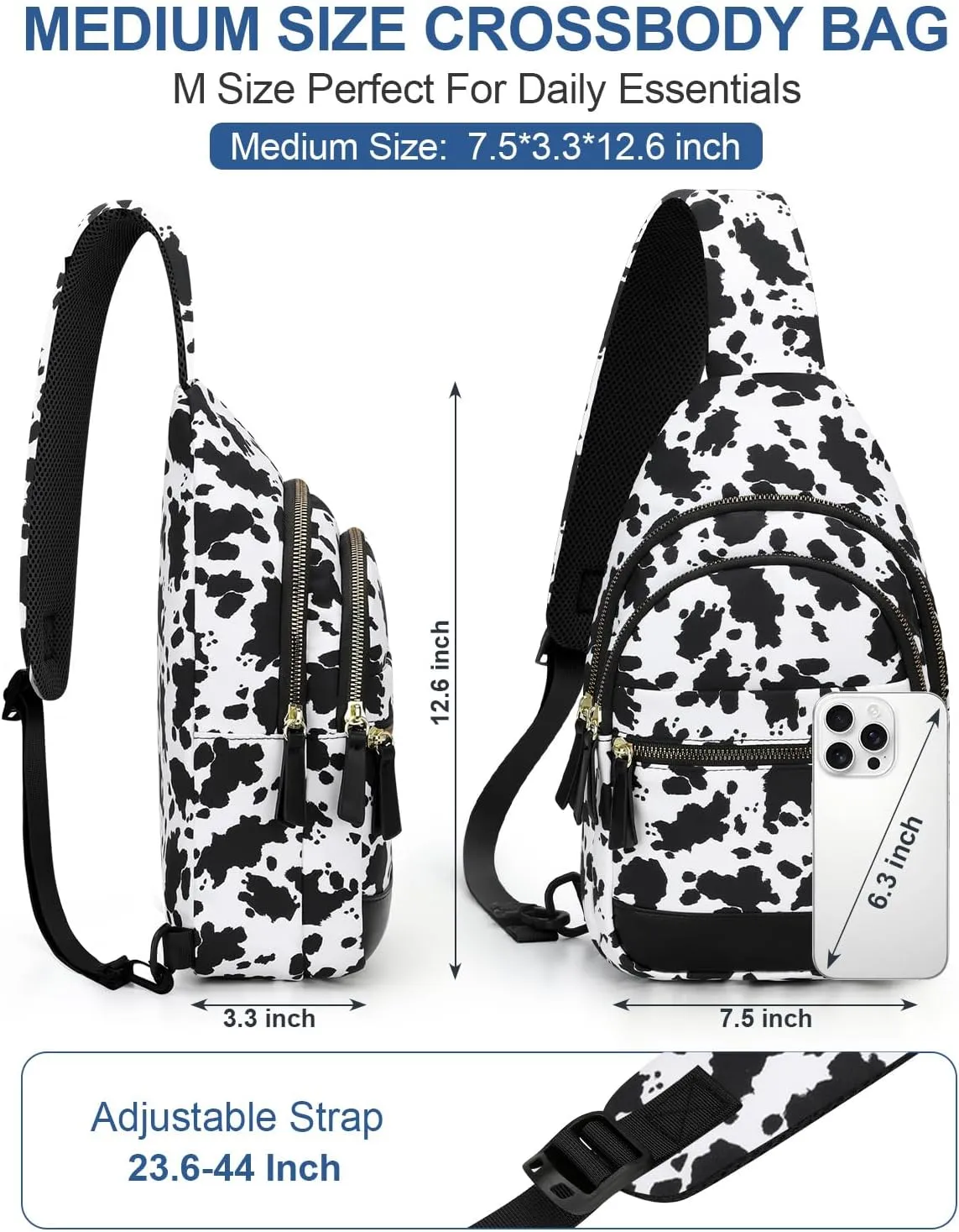 Capolo Sling Bag for Women Men Waterproof Crossbody Bags for Women Trendy Casual Fanny Pack with Convertible Shoulder Strap Chest Bag for Travel Hiking(Cow Print, Medium)