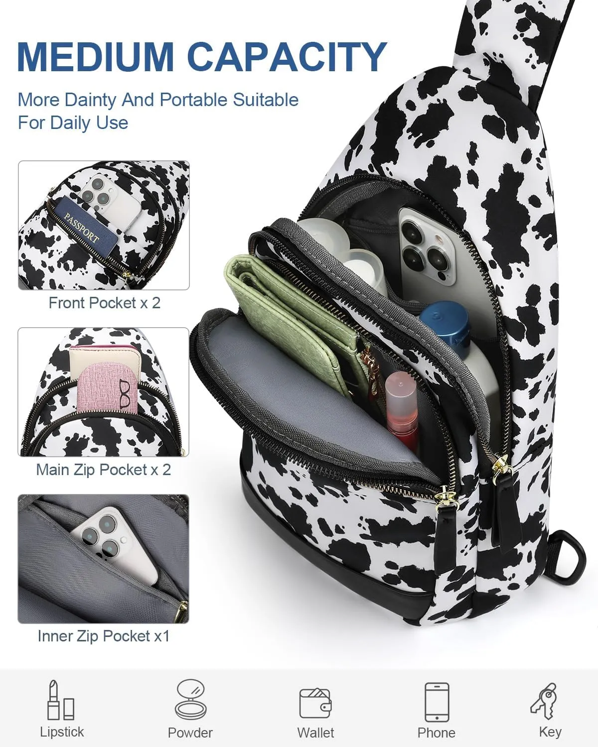 Capolo Sling Bag for Women Men Waterproof Crossbody Bags for Women Trendy Casual Fanny Pack with Convertible Shoulder Strap Chest Bag for Travel Hiking(Cow Print, Medium)