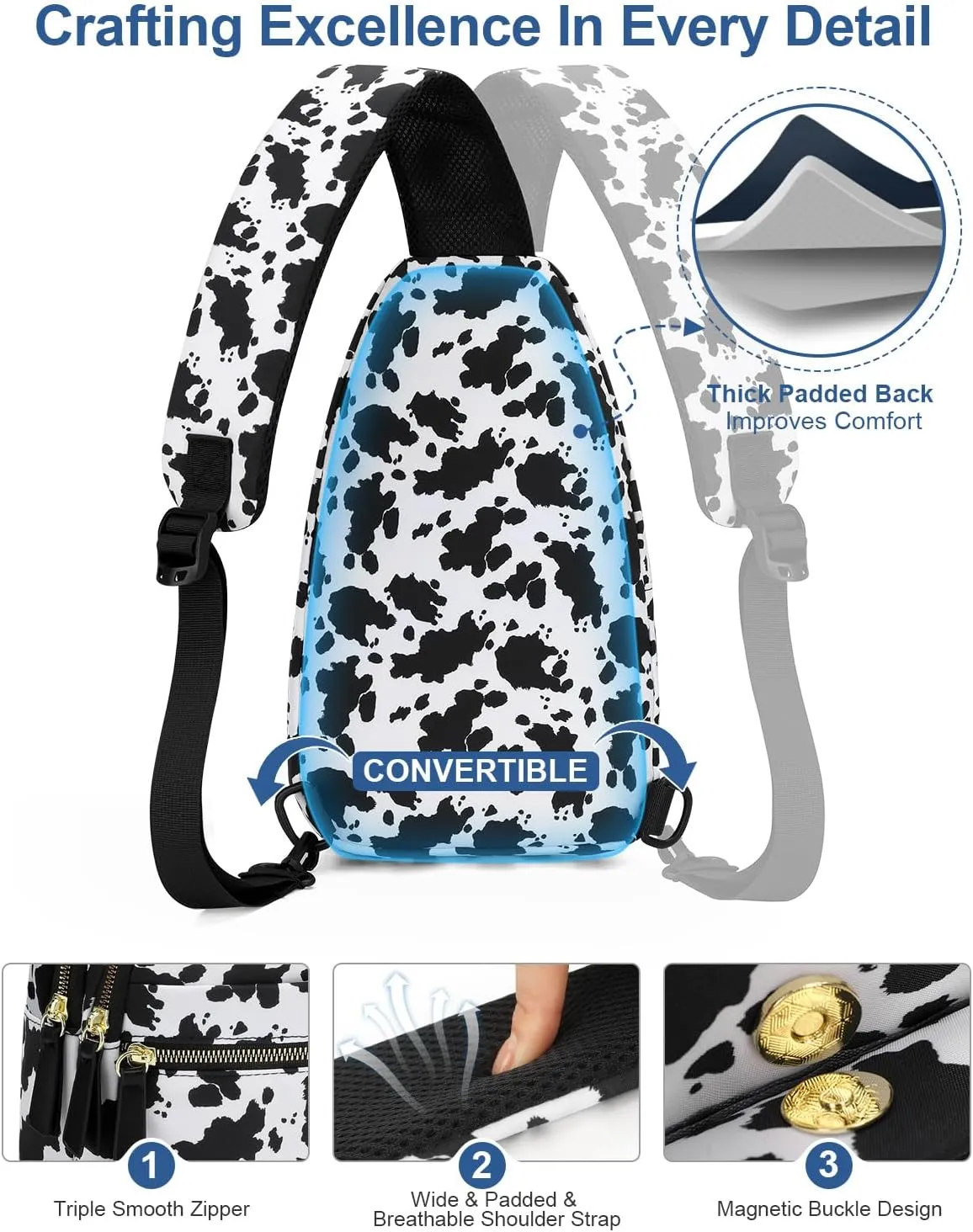 Capolo Sling Bag for Women Men Waterproof Crossbody Bags for Women Trendy Casual Fanny Pack with Convertible Shoulder Strap Chest Bag for Travel Hiking(Cow Print, Medium)