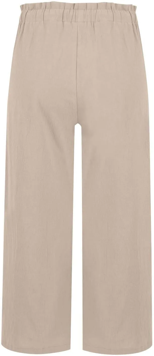 Capri Pants for Women Casual 2025 Summer Linen Pants Drawstring Elastic High Waist Wide Leg Lounge Cropped Trousers