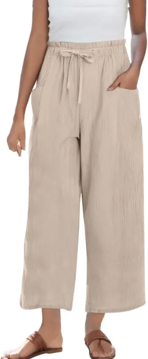 Capri Pants for Women Casual 2025 Summer Linen Pants Drawstring Elastic High Waist Wide Leg Lounge Cropped Trousers