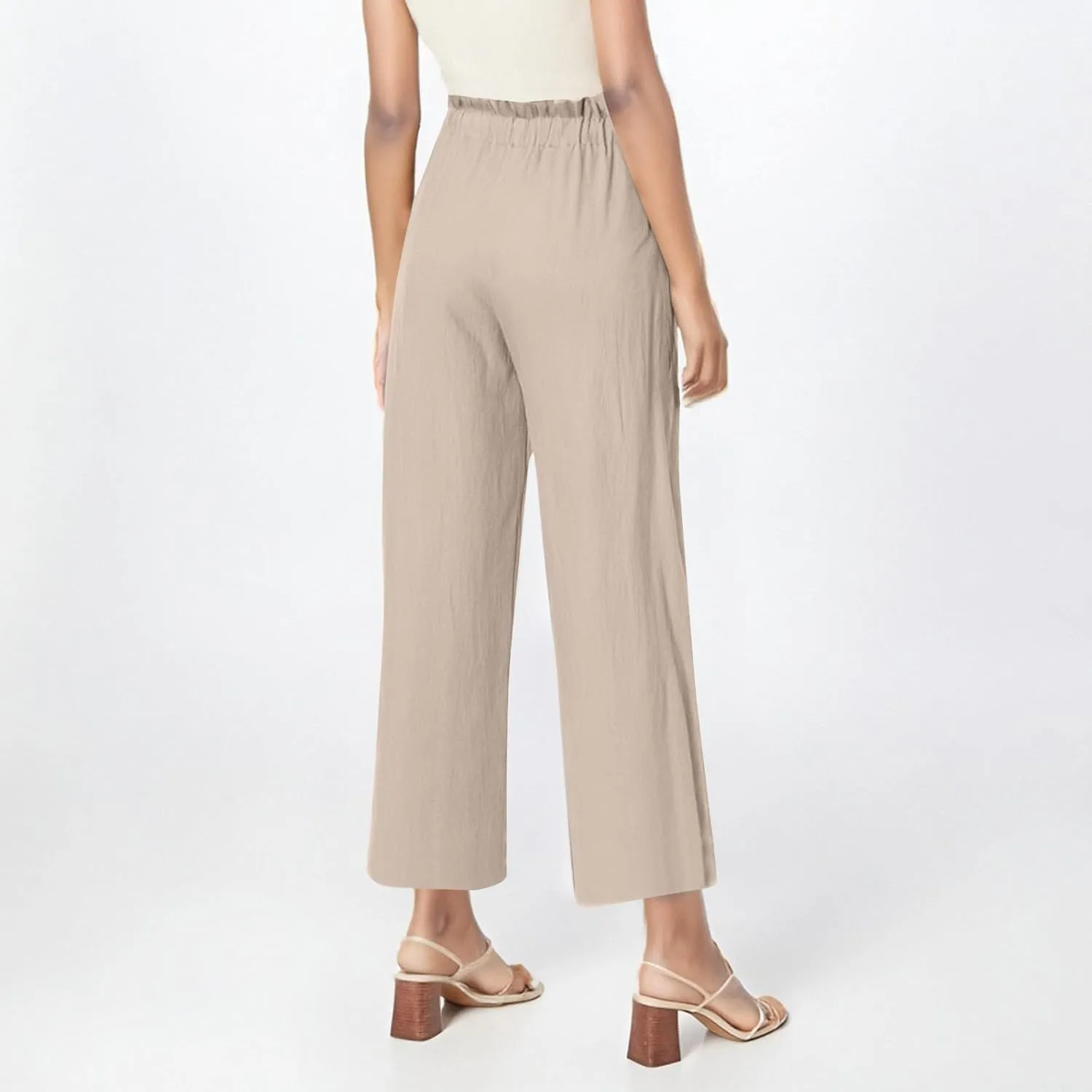 Capri Pants for Women Casual 2025 Summer Linen Pants Drawstring Elastic High Waist Wide Leg Lounge Cropped Trousers