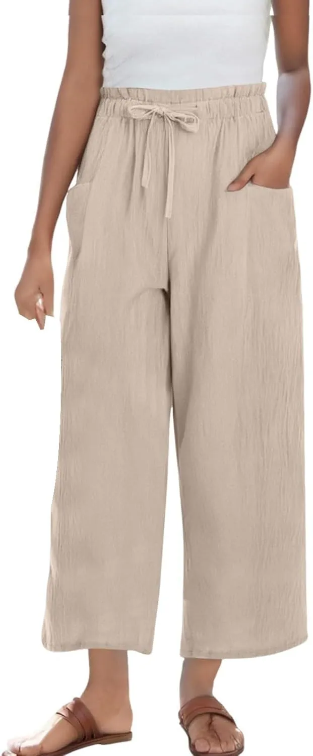 Capri Pants for Women Casual 2025 Summer Linen Pants Drawstring Elastic High Waist Wide Leg Lounge Cropped Trousers