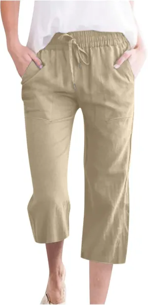 Capri Pants for Women Casual Summer Cotton Elastic High Waist Linen Pants Plus Size Cropped Pant Beach Clothes Trousers