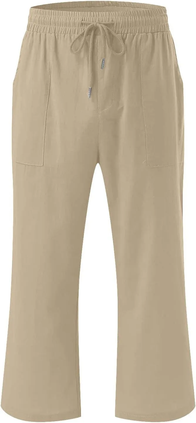 Capri Pants for Women Casual Summer Cotton Elastic High Waist Linen Pants Plus Size Cropped Pant Beach Clothes Trousers