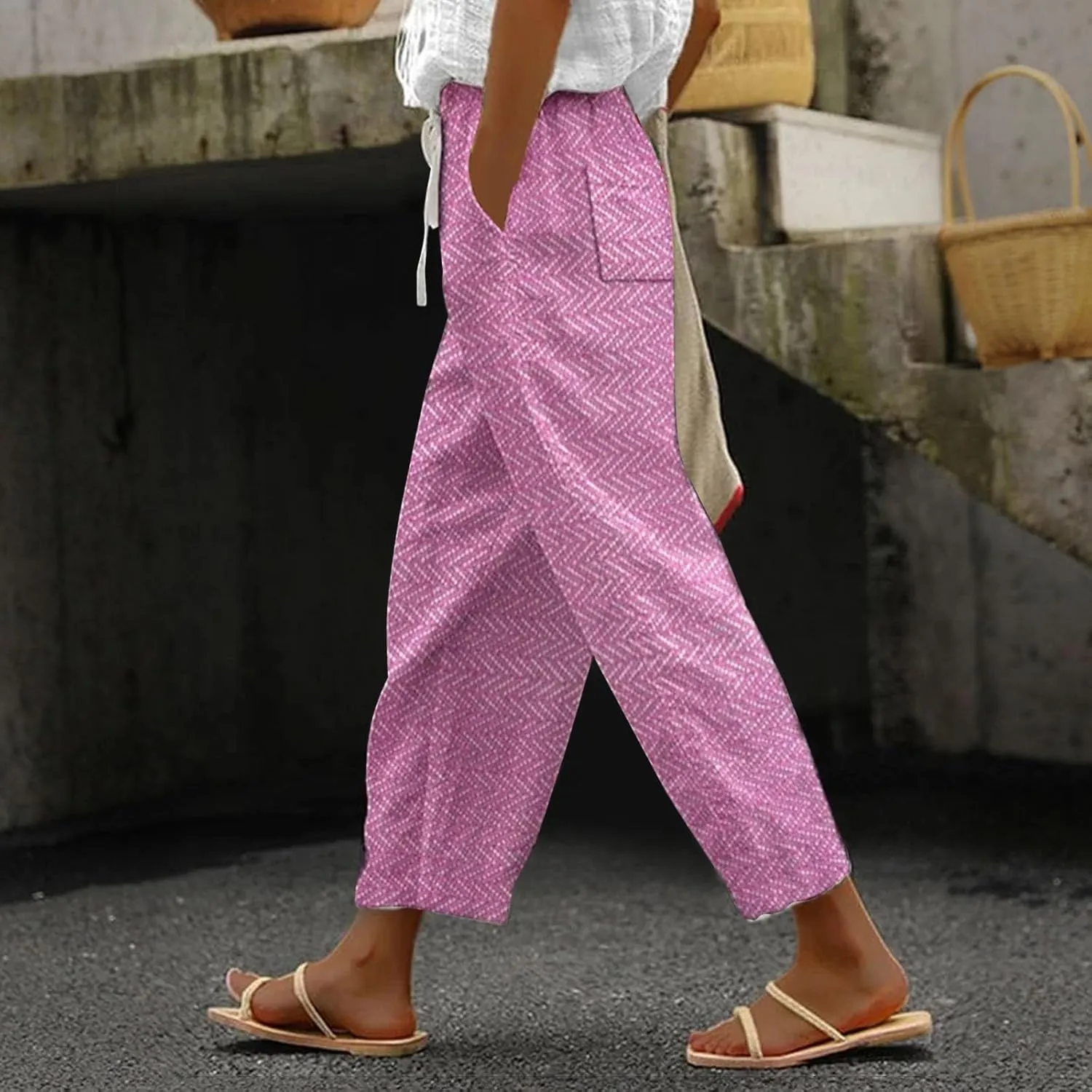 Capri Pants for Women Drawstring Capri Pants with Pockets Wide Leg Cropped Pants for Women Capri Linen Pants for